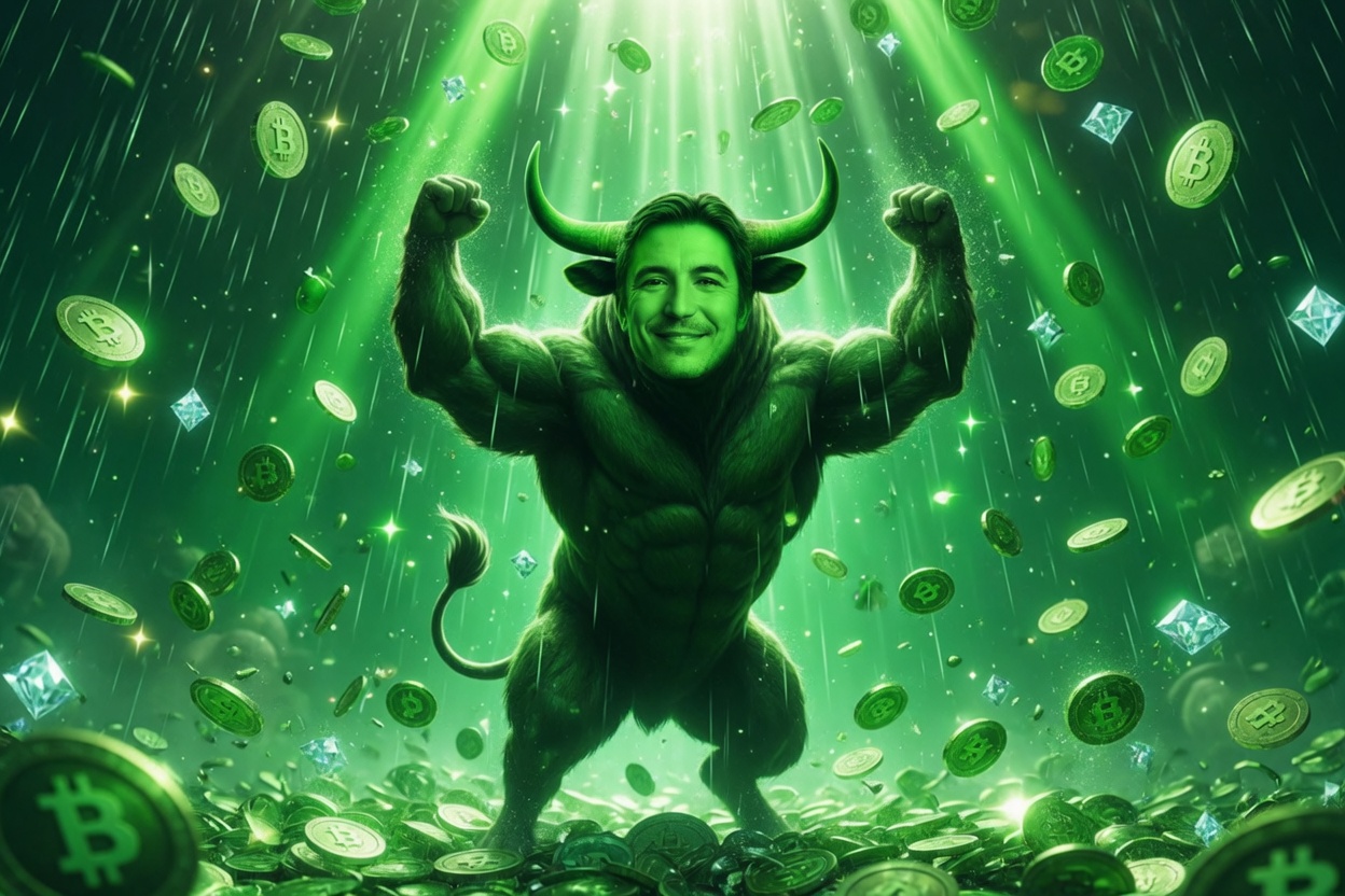 The Green Bull under raining coins